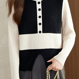 Casual Versatile Black-White Color-Block Slit Turtleneck Sweater