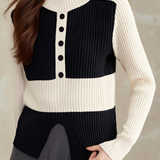 Casual Versatile Black-White Color-Block Slit Turtleneck Sweater