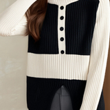 Casual Versatile Black-White Color-Block Slit Turtleneck Sweater