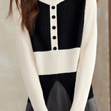 Casual Versatile Black-White Color-Block Slit Turtleneck Sweater