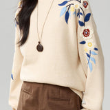 Casual Crew Neck Color-Block 3D Knitted Flower Sweater