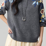 Casual Crew Neck Color-Block 3D Knitted Flower Sweater