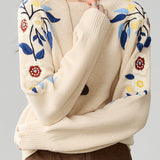 Casual Crew Neck Color-Block 3D Knitted Flower Sweater