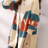 Casual Versatile Color-Block Striped Letter V-Neck Cardigan
