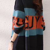 Casual Versatile Color-Block Striped Letter V-Neck Cardigan