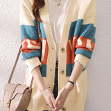 Casual Versatile Color-Block Striped Letter V-Neck Cardigan