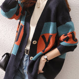 Casual Versatile Color-Block Striped Letter V-Neck Cardigan