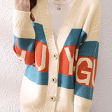 Casual Versatile Color-Block Striped Letter V-Neck Cardigan