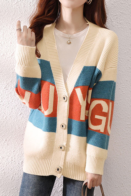 Casual Versatile Color-Block Striped Letter V-Neck Cardigan