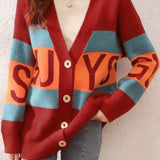 Casual Versatile Color-Block Striped Letter V-Neck Cardigan