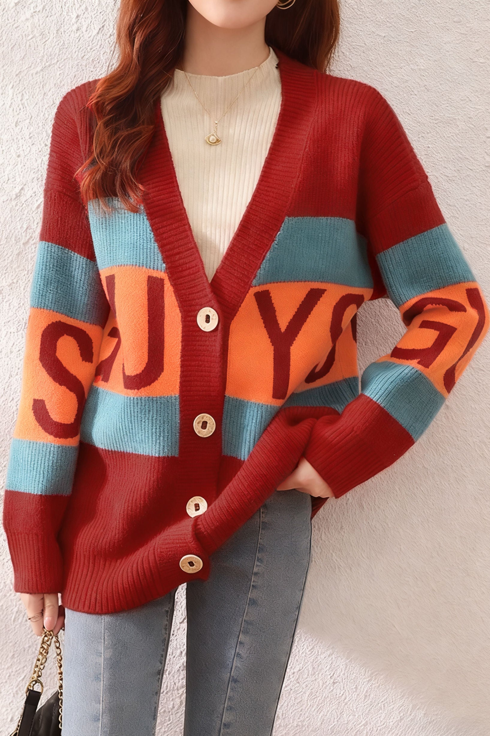 Casual Versatile Color-Block Striped Letter V-Neck Cardigan
