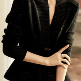 Elegant Temperament Solid-Color Lurex V-Neck Knitted Coat