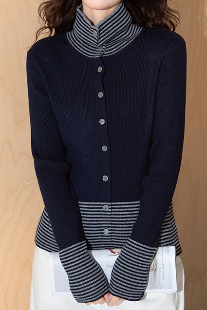 Casual Versatile Turtleneck Color-Block Striped Knitted Cardigan
