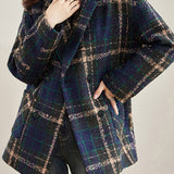 Casual Color-Block Plaid Double-Breasted Woolen Coat