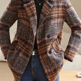 Casual Color-Block Plaid Double-Breasted Woolen Coat