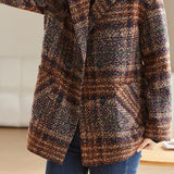 Casual Color-Block Plaid Double-Breasted Woolen Coat