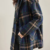 Casual Color-Block Plaid Double-Breasted Woolen Coat