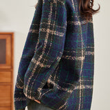 Casual Color-Block Plaid Double-Breasted Woolen Coat