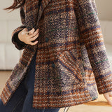 Casual Color-Block Plaid Double-Breasted Woolen Coat
