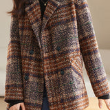 Casual Color-Block Plaid Double-Breasted Woolen Coat