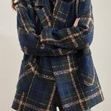 Casual Color-Block Plaid Double-Breasted Woolen Coat