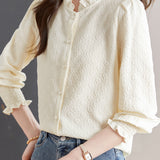 Casual Versatile Floral Jacquard Ruffled Crew Neck Blouse