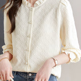 Casual Versatile Floral Jacquard Ruffled Crew Neck Blouse