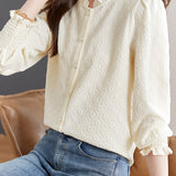 Casual Versatile Floral Jacquard Ruffled Crew Neck Blouse