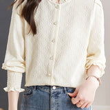Casual Versatile Floral Jacquard Ruffled Crew Neck Blouse