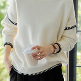 Casual Versatile Piano Key Color-Block Paneled Pullover Sweater