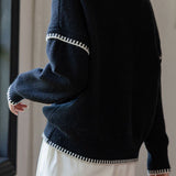 Casual Versatile Piano Key Color-Block Paneled Pullover Sweater