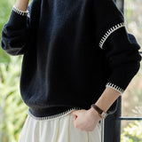 Casual Versatile Piano Key Color-Block Paneled Pullover Sweater