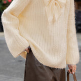 Exquisite Crew Neck Ribbed Ribbon-Decorated Sweater