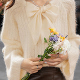 Exquisite Crew Neck Ribbed Ribbon-Decorated Sweater