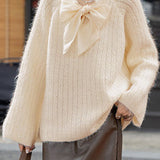 Exquisite Crew Neck Ribbed Ribbon-Decorated Sweater