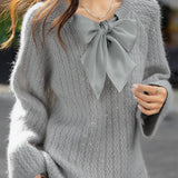 Exquisite Crew Neck Ribbed Ribbon-Decorated Sweater