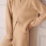 Casual Versatile Solid-Color Double-Zip Cardigan & Pants Two-Piece Set