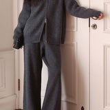 Casual Versatile Solid-Color Double-Zip Cardigan & Pants Two-Piece Set