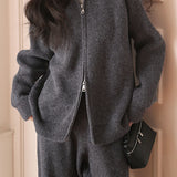 Casual Versatile Solid-Color Double-Zip Cardigan & Pants Two-Piece Set