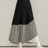 Casual Versatile Asymmetric Color-Block Argyle Pleated Midi Skirt