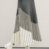 Casual Versatile Asymmetric Color-Block Argyle Pleated Midi Skirt