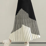 Casual Versatile Asymmetric Color-Block Argyle Pleated Midi Skirt