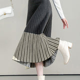 Casual Versatile Asymmetric Color-Block Argyle Pleated Midi Skirt