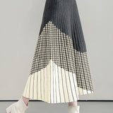 Casual Versatile Asymmetric Color-Block Argyle Pleated Midi Skirt