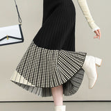 Casual Versatile Asymmetric Color-Block Argyle Pleated Midi Skirt