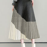 Casual Versatile Asymmetric Color-Block Argyle Pleated Midi Skirt