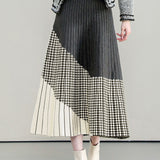 Casual Versatile Asymmetric Color-Block Argyle Pleated Midi Skirt