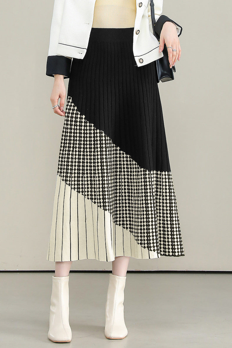 Casual Versatile Asymmetric Color-Block Argyle Pleated Midi Skirt