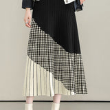 Casual Versatile Asymmetric Color-Block Argyle Pleated Midi Skirt