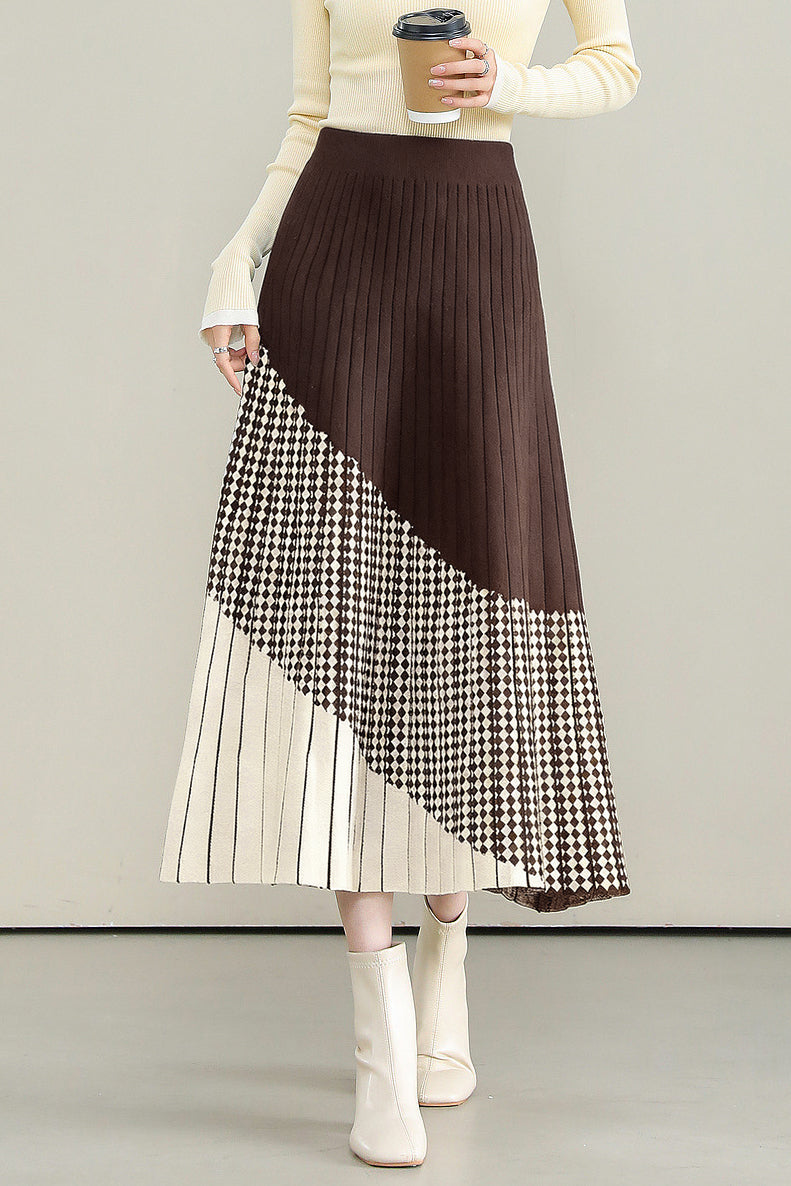Casual Versatile Asymmetric Color-Block Argyle Pleated Midi Skirt